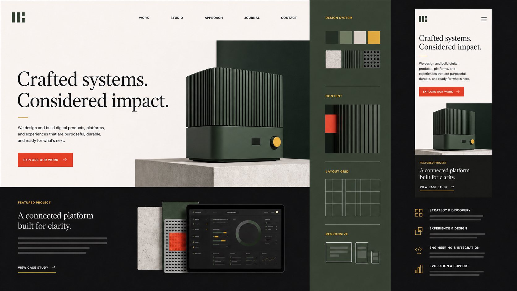 Editorial website system shown across desktop and mobile layouts with coordinated design-system details